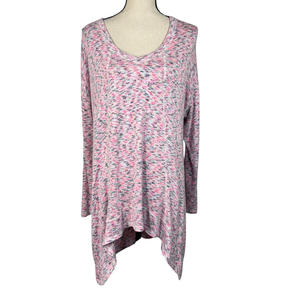 Livi SZ 14/16 Sweater Confetti Hi-Low Shark-Bite Hem Long Sleeve V-Neck Pink